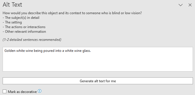 Screenshot of Word's alternative text panel