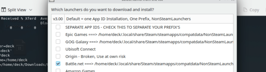 Screenshot of the NonSteamLaunchers launcher selection menu with the Battle.net option checked