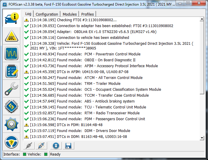 Screenshot of the FORScan interface showing the main connection panel