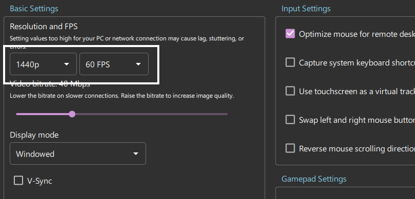 Screenshot of Moonlight's settings panel with the resolution and FPS options highlighted.