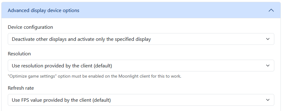 Screenshot of Sunshine's display options menu.