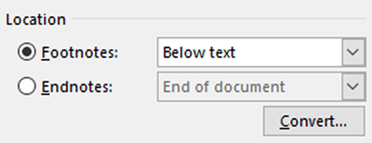 Screenshot of the footnote location options panel in Microsoft Word
