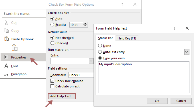 Screenshots illustrating how to find Word's Form Field Help Text panel.